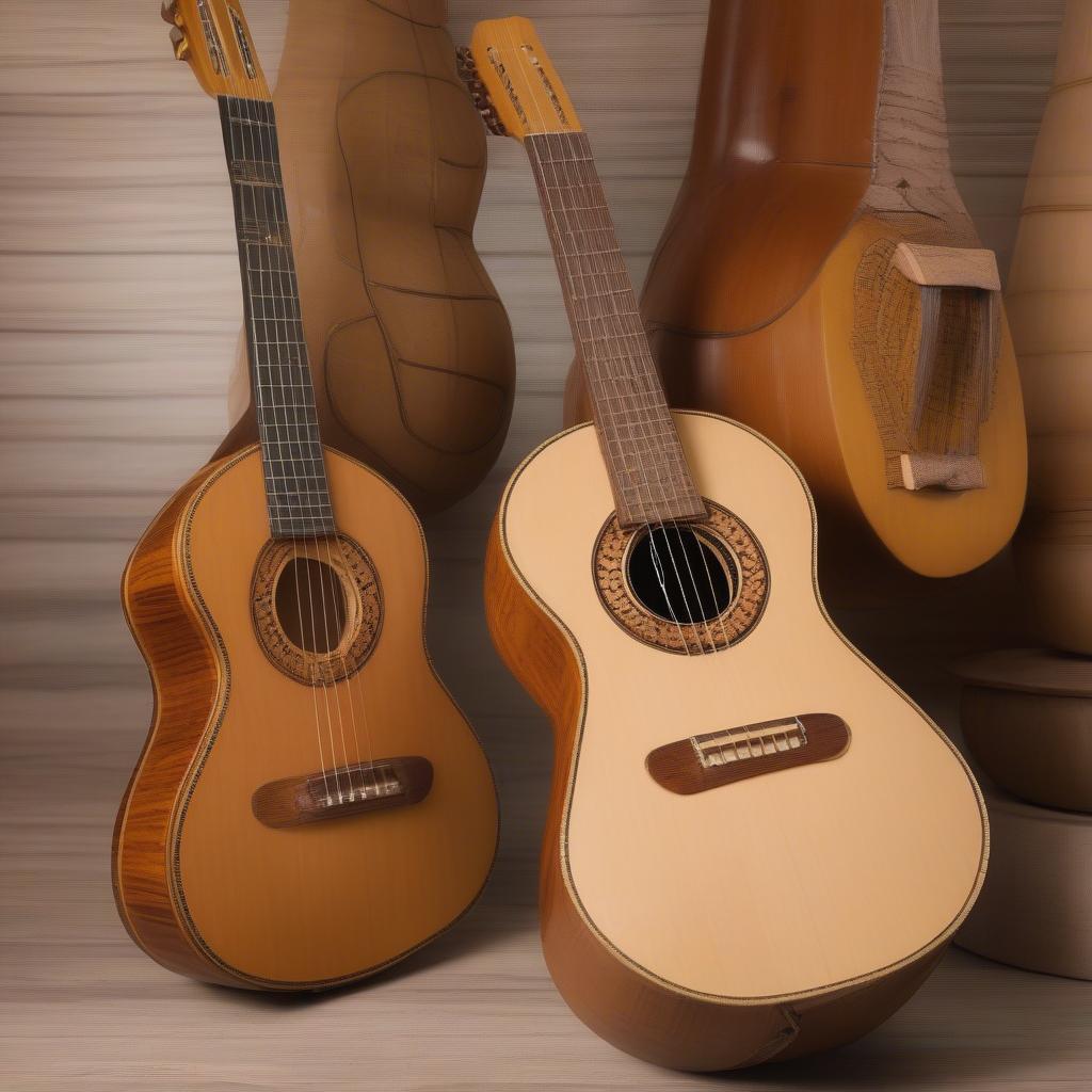 Traditional Bachata Instruments:  A display of the requinto, güira, and bongo drums.