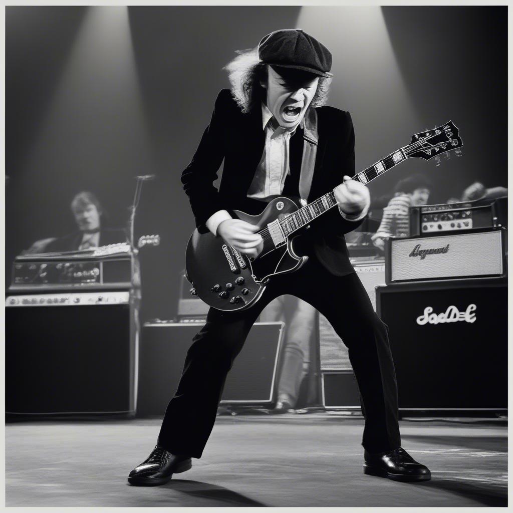 Angus Young playing lead guitar during an AC/DC concert