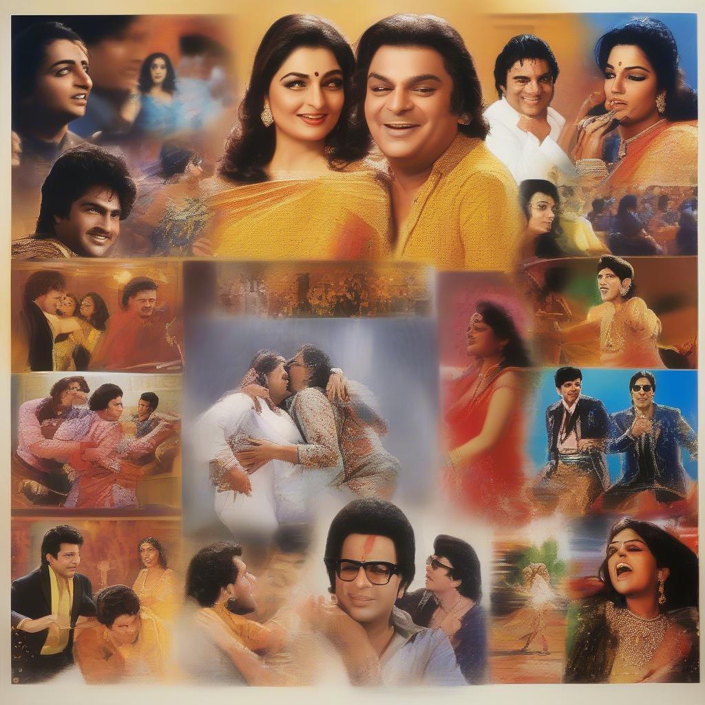 A montage of scenes from Bollywood movies featuring Bappi Lahiri's music, showcasing his impact on the industry.