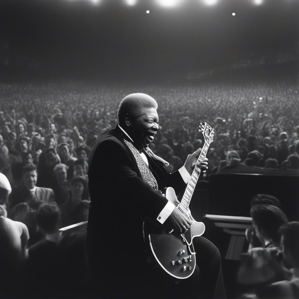 BB King performing on a large stage in front of a massive, enthusiastic crowd.