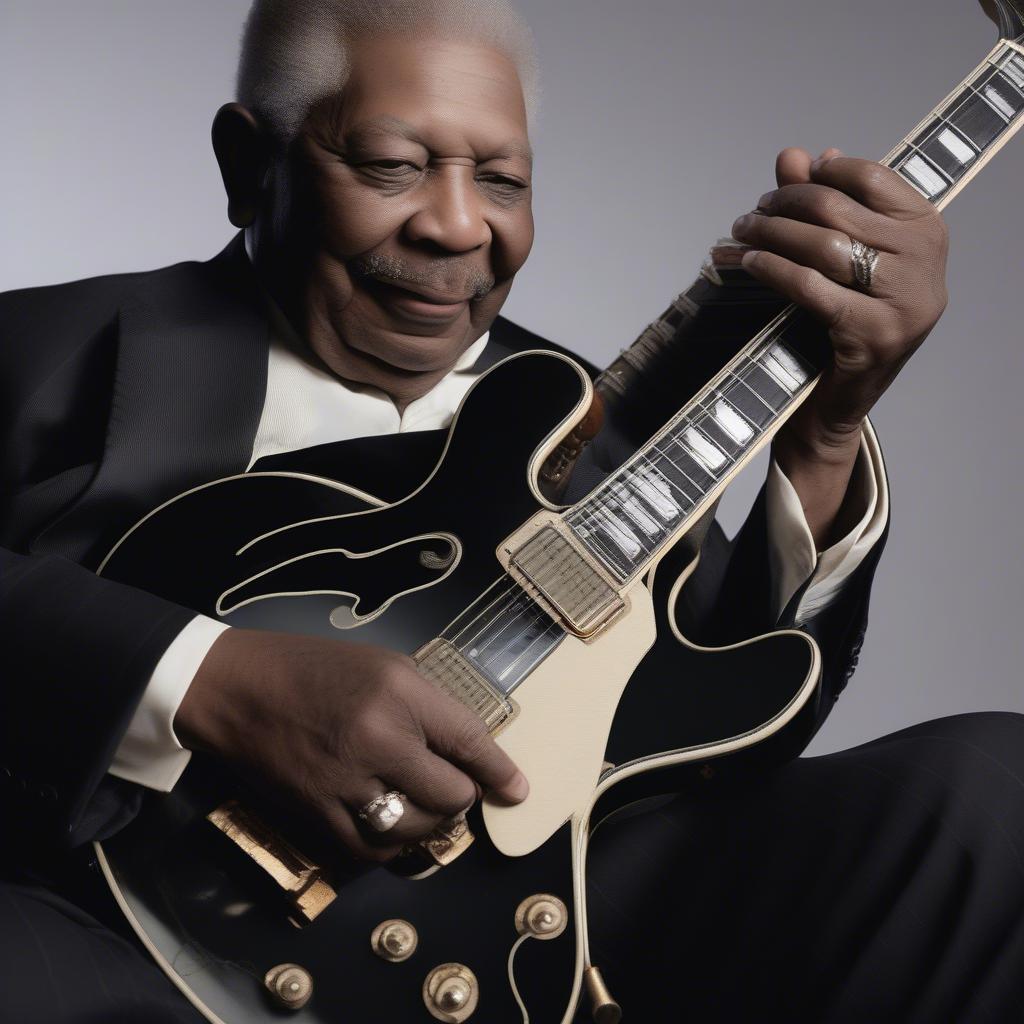 Close-up shot of BB King's hands playing his guitar Lucille, showcasing his unique single-string technique.