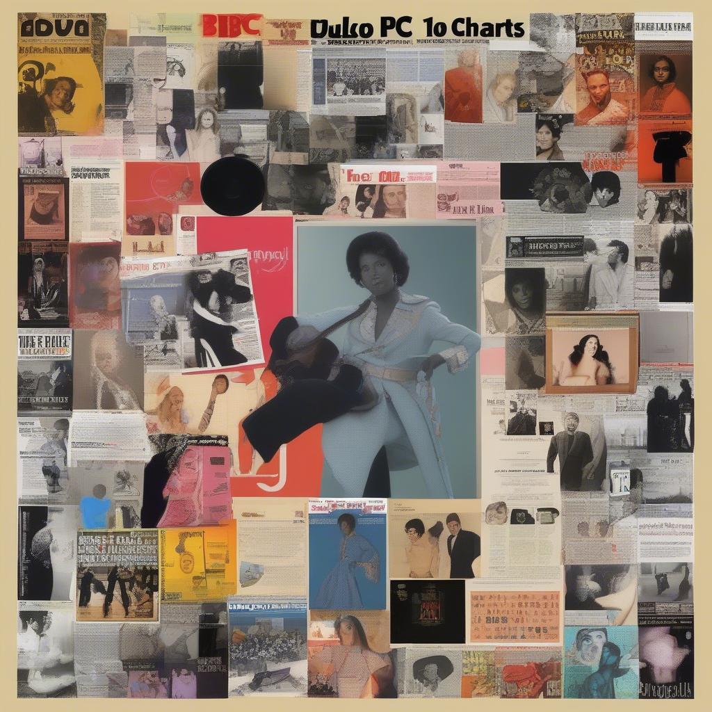 A collage of images showcasing the cultural impact of the BBC top ten songs, including album covers, concert photos, and newspaper headlines.