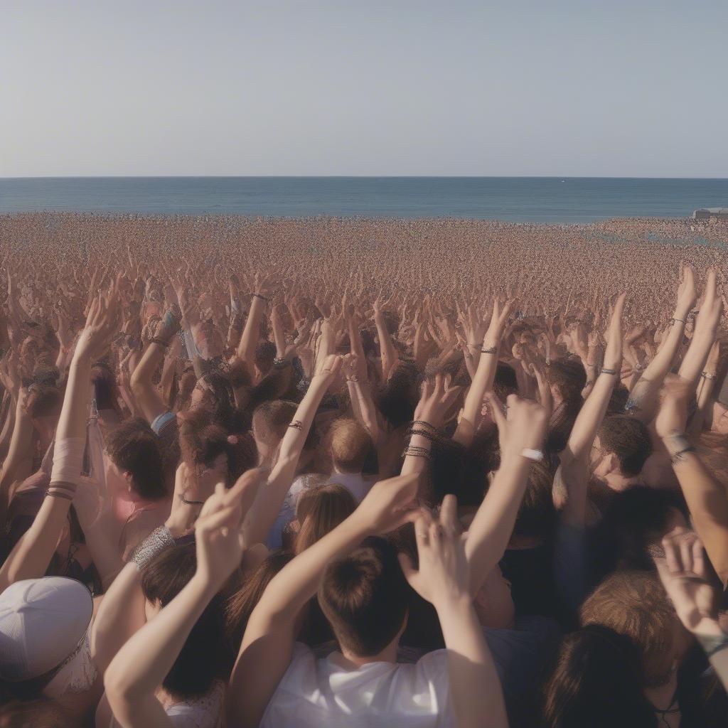 Crowd of fans at a Beach Bunny concert, singing along and enjoying the music.