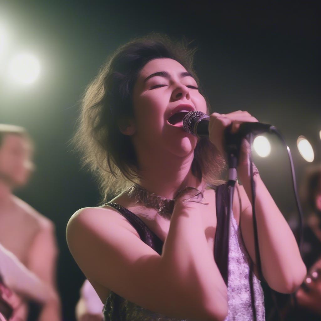 Close-up of Lili Trifilio singing into a microphone with emotion.