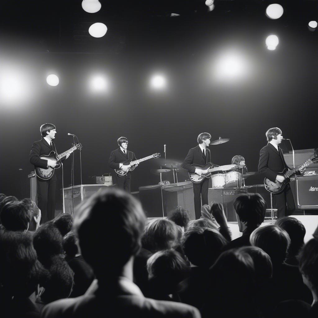 The Beatles performing live to an excited crowd, demonstrating their connection with fans and the energy of Beatlemania.