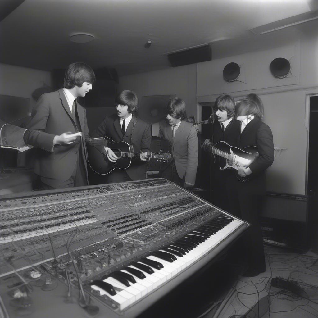 The Beatles in the recording studio, experimenting with new sounds and techniques that revolutionized music production.