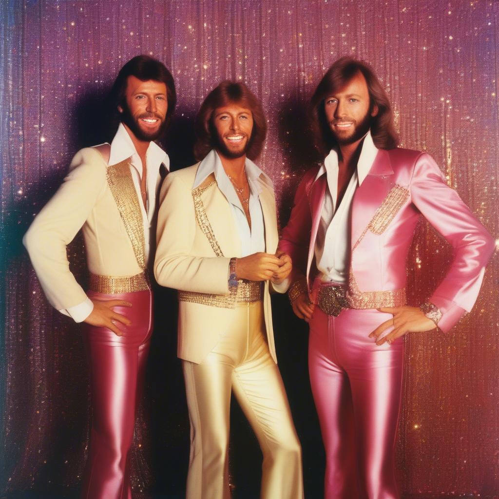 The Bee Gees during their Saturday Night Fever era, capturing the energy and glamour of the disco era.