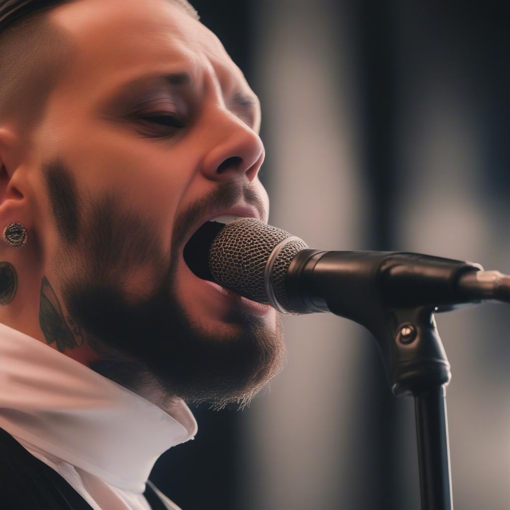 Close-up of Justin Furstenfeld passionately singing into a microphone