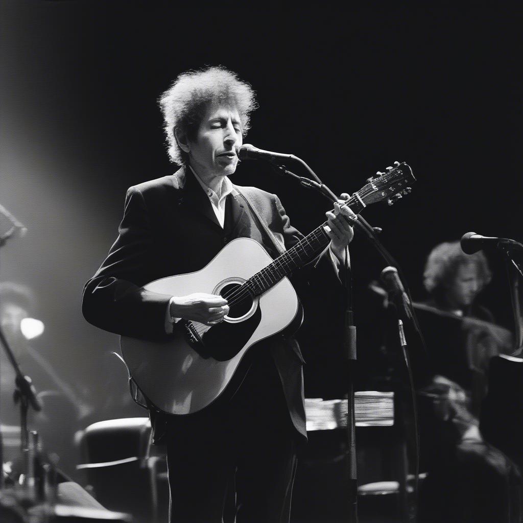 Bob Dylan performing in his later years, still captivating the audience with his unique voice and musical style.