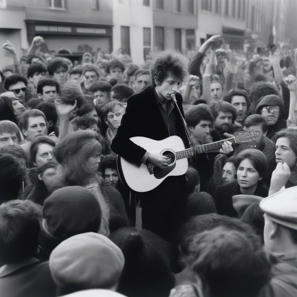 Black and white image of Bob Dylan performing a protest song with his acoustic guitar at a rally, surrounded by a crowd of listeners.