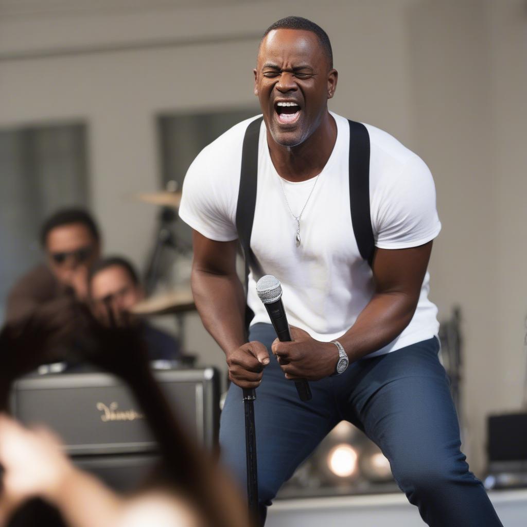 Brian McKnight performing live on stage, showcasing his dynamic stage presence and musical talent.