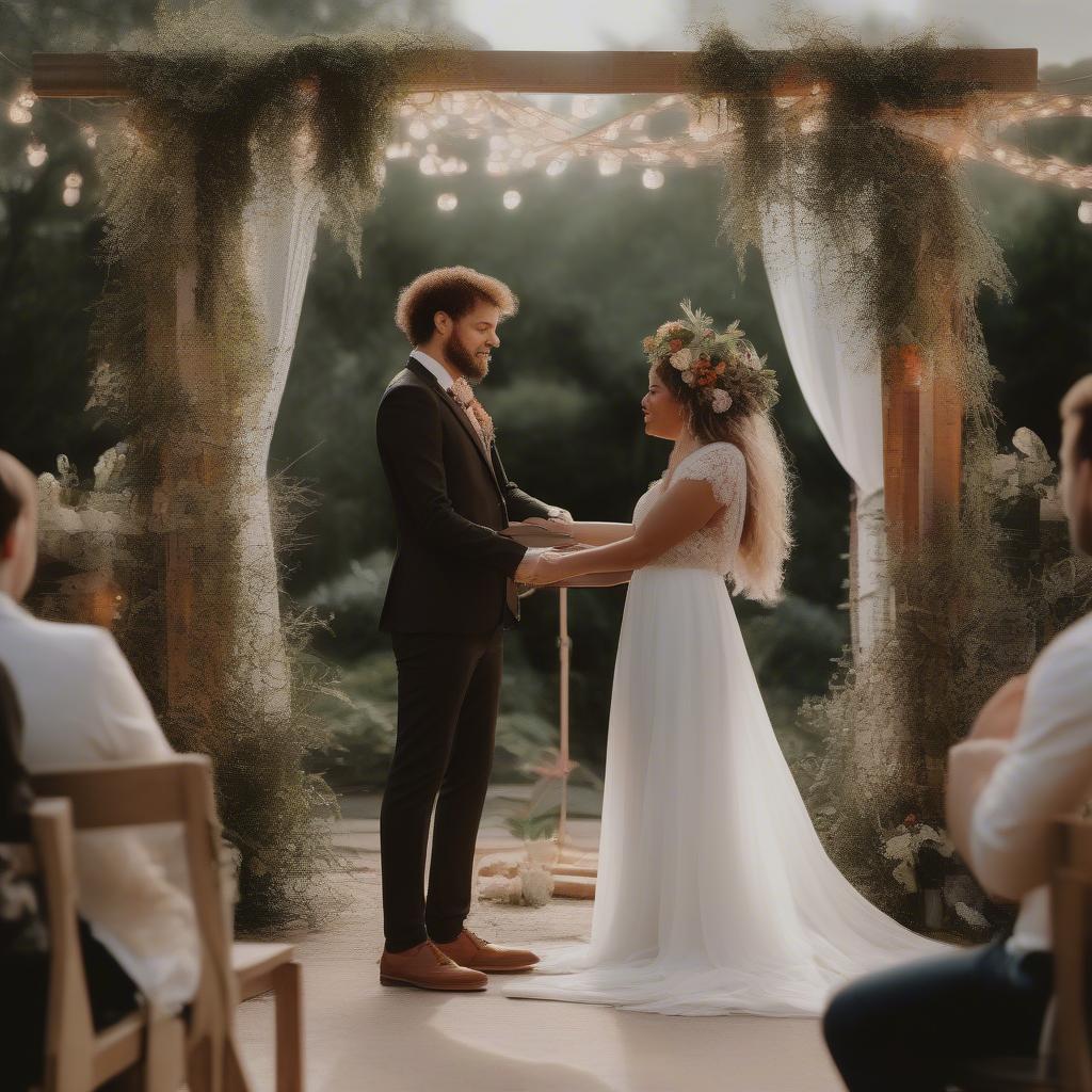 Bride and groom at the aisle with modern wedding music playing