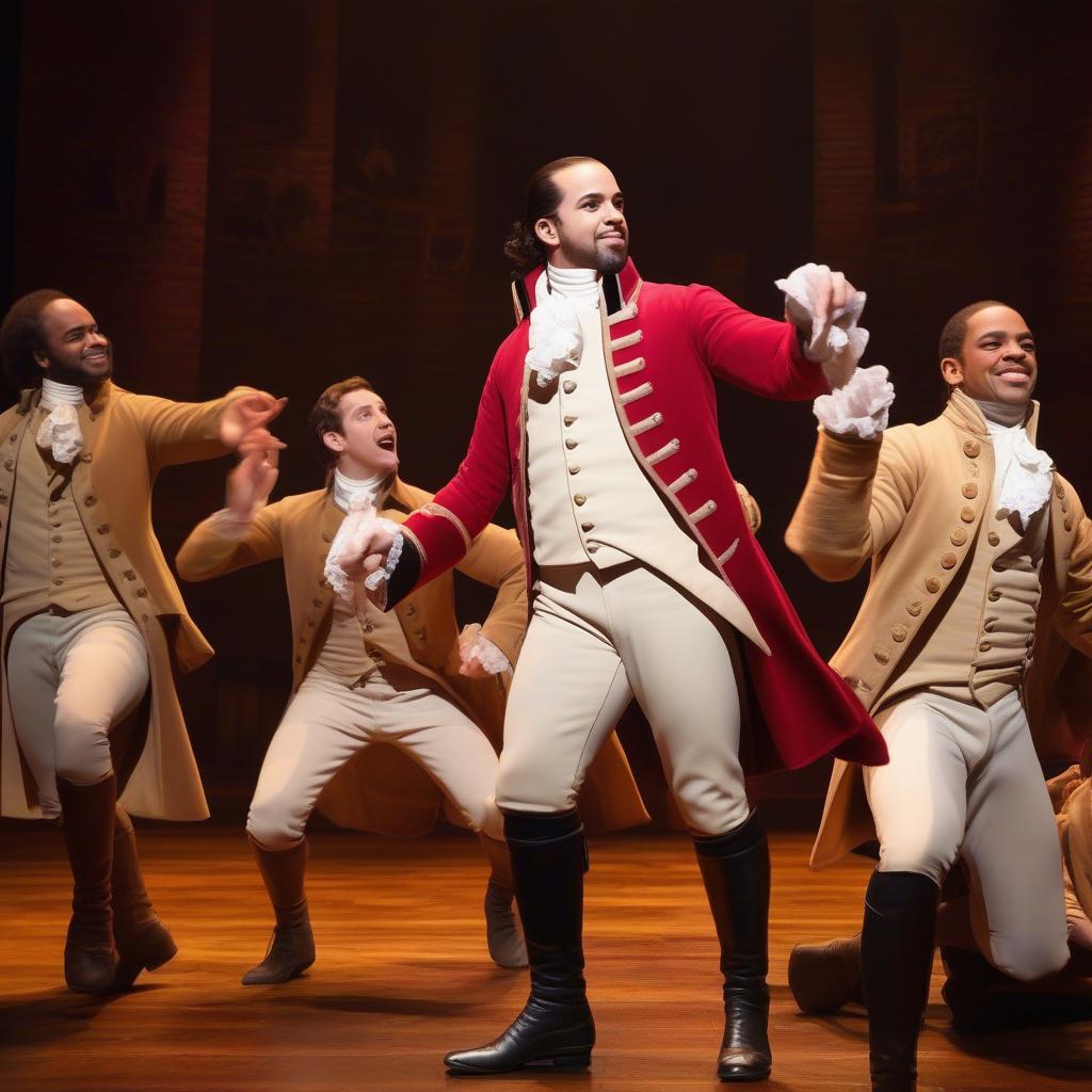 Hamilton performance with cast in period costumes engaging the audience.