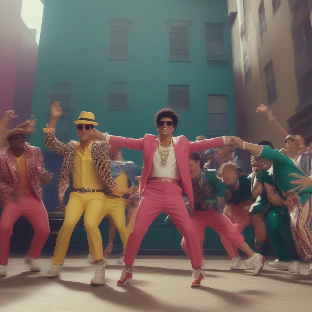 Bruno Mars and Mark Ronson in the Uptown Funk music video, showcasing their stylish and energetic performance