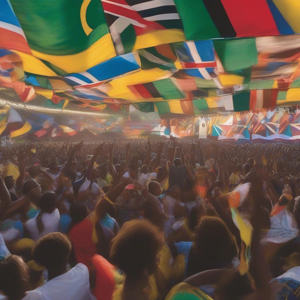 Crowded music festival with people waving flags and dancing to Caribbean music