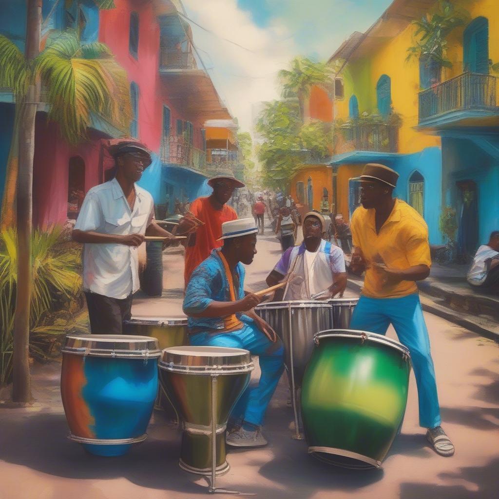 Street musicians playing steel drums in a vibrant Caribbean setting