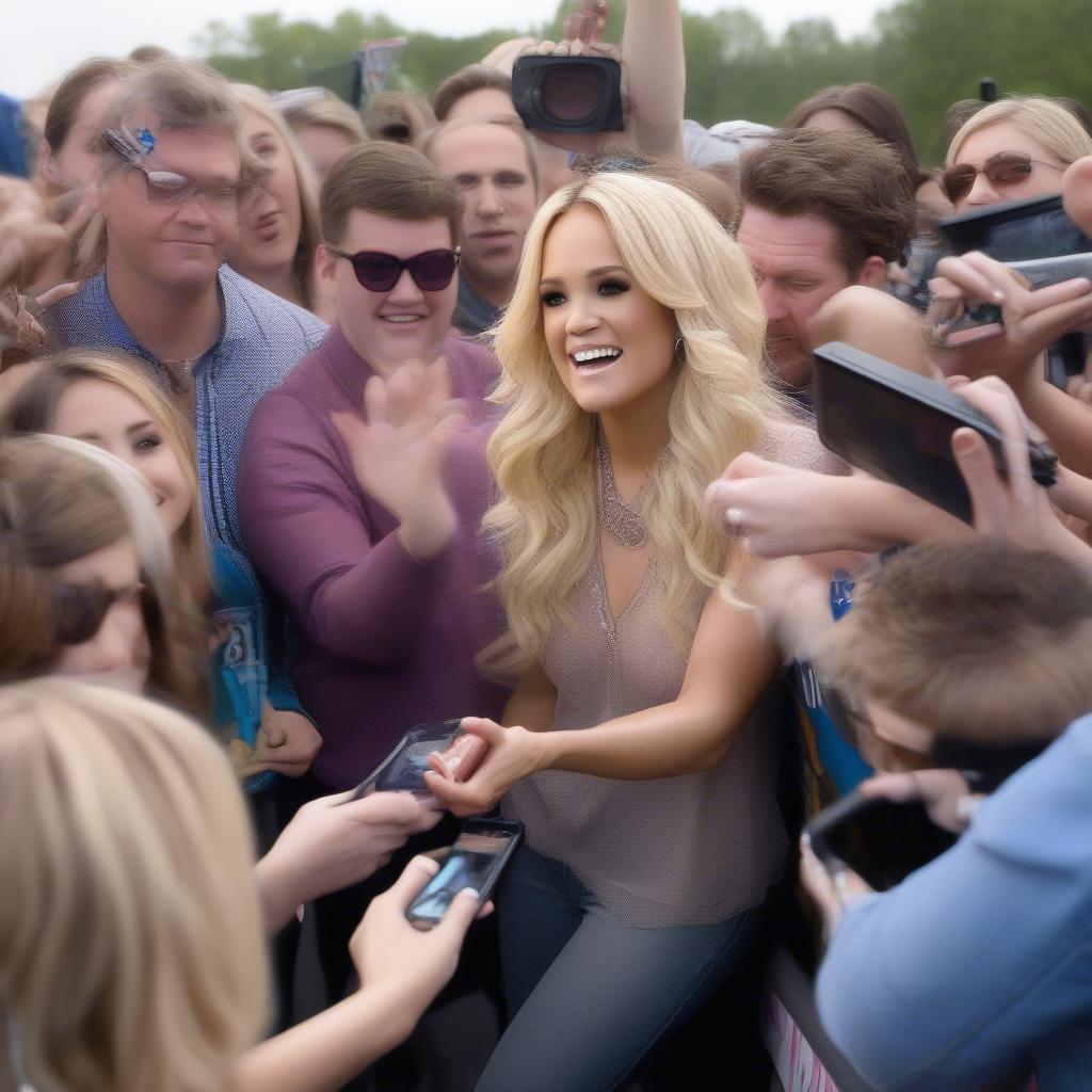 Carrie Underwood signing autographs for fans, surrounded by a crowd of admirers.