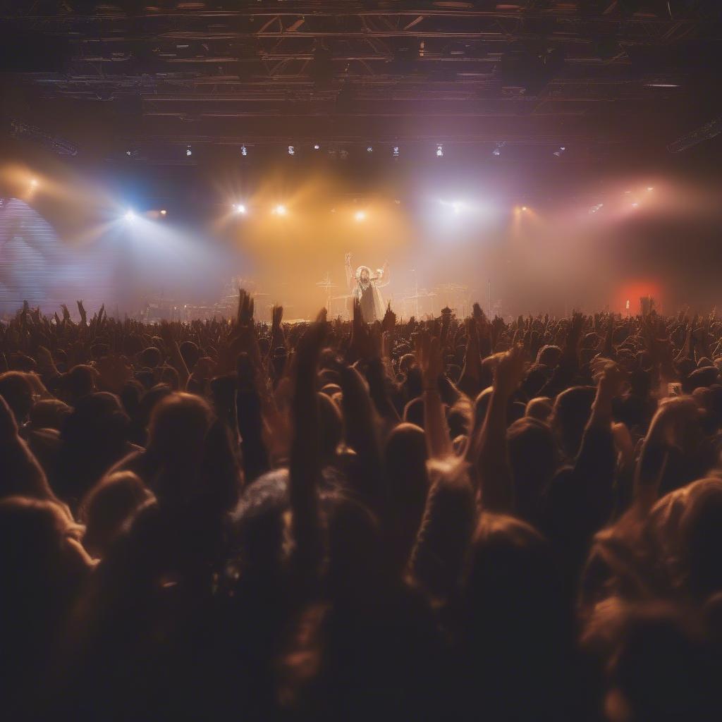 A crowd of people at a Christian music concert, raising their hands in worship.