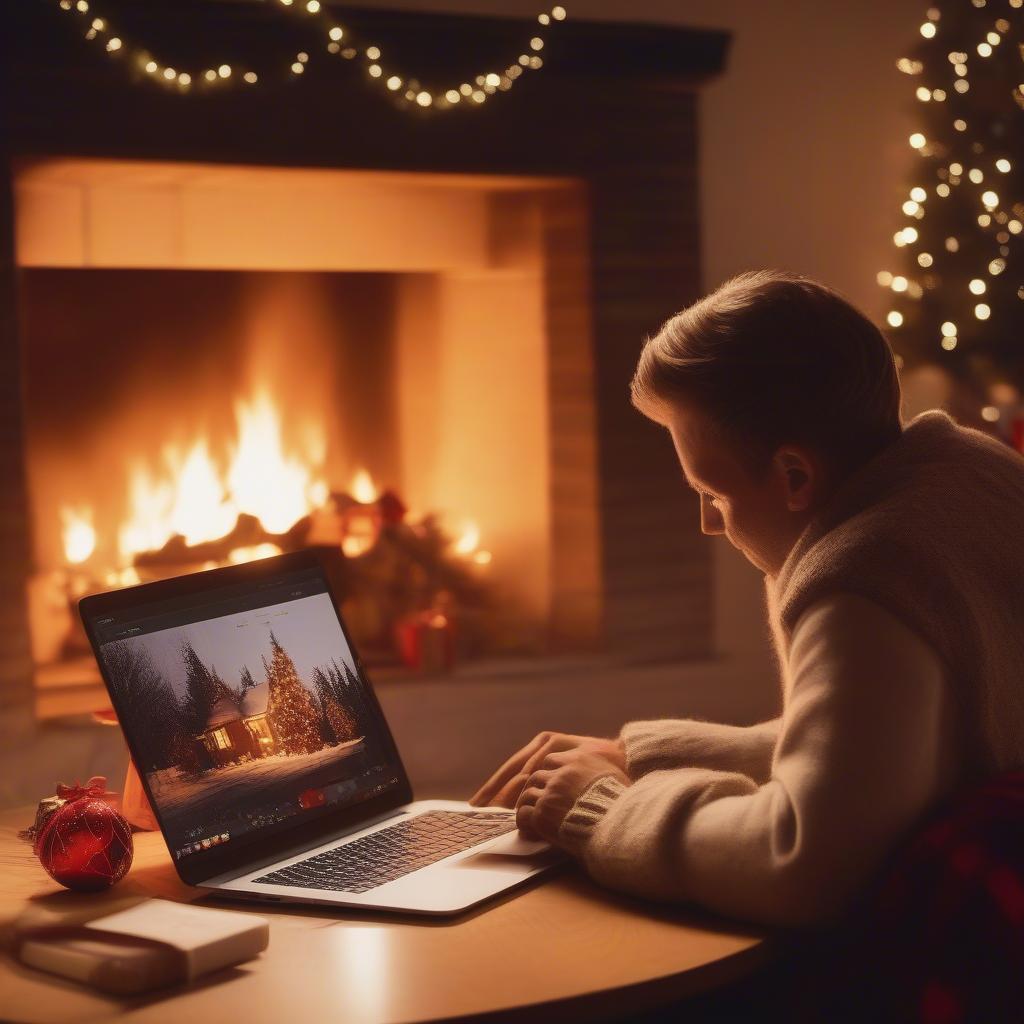 Creating the Perfect Christmas Playlist: A Person Sitting by a Fireplace with a Laptop, Curating a Festive Playlist