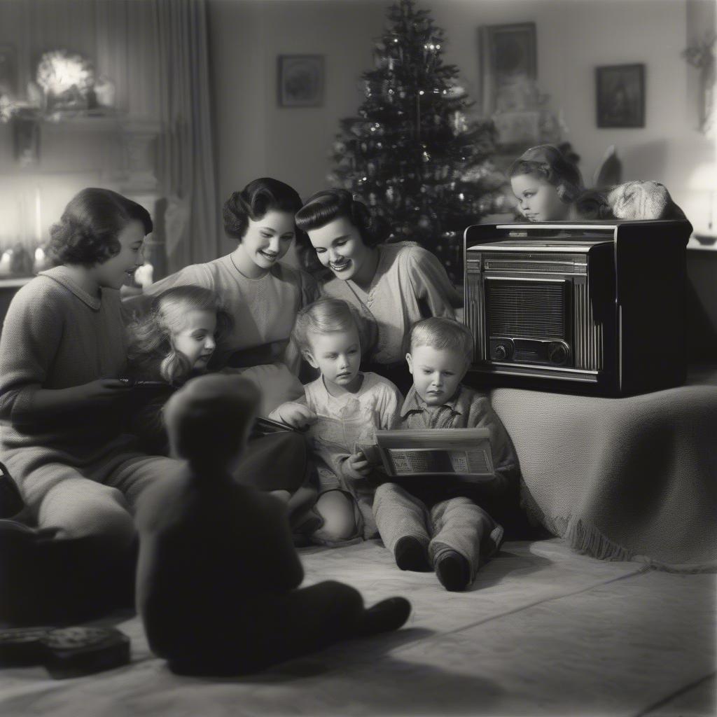 A black and white photo of a family gathered around a radio listening to Christmas music