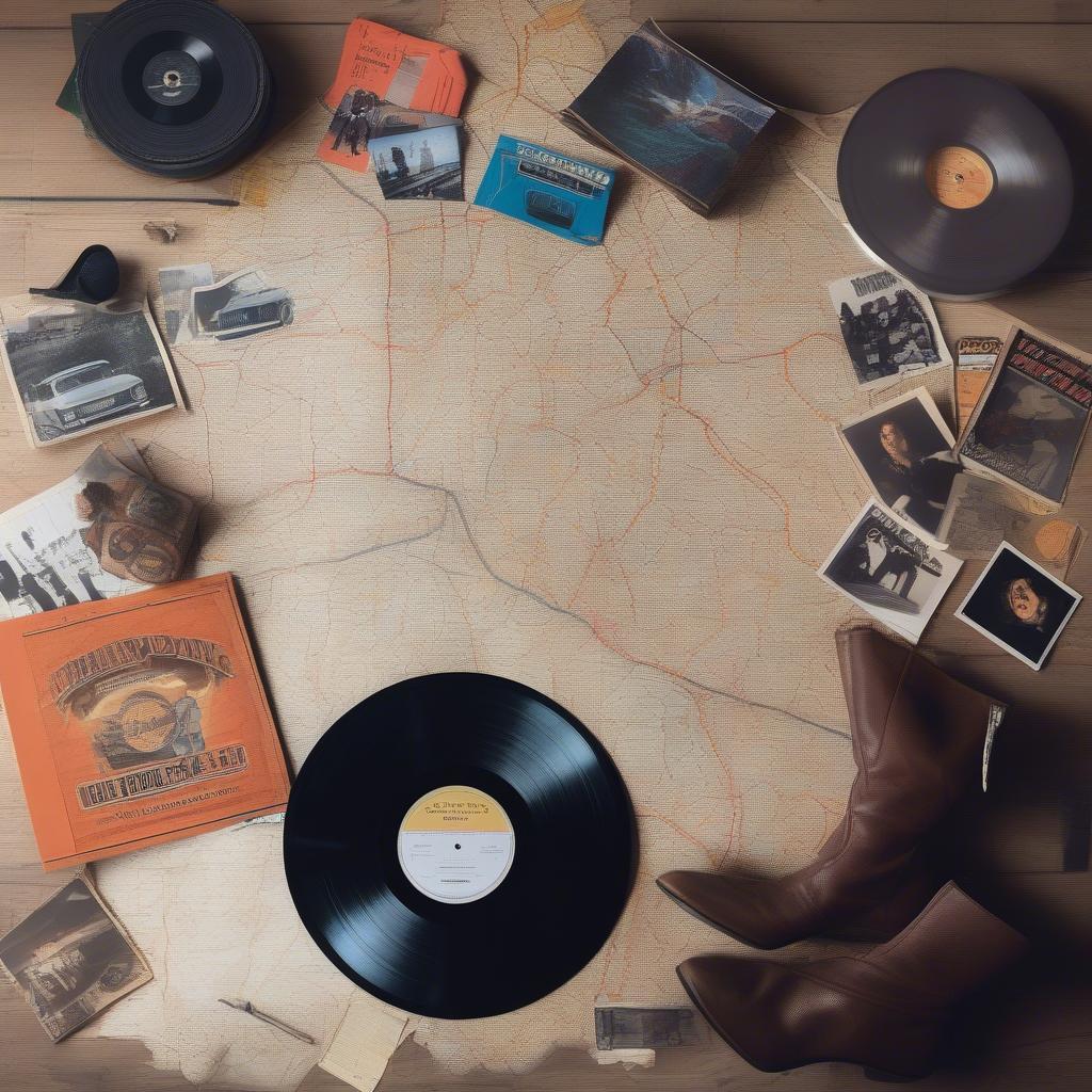 Classic rock vinyl records and a road map spread out on a table