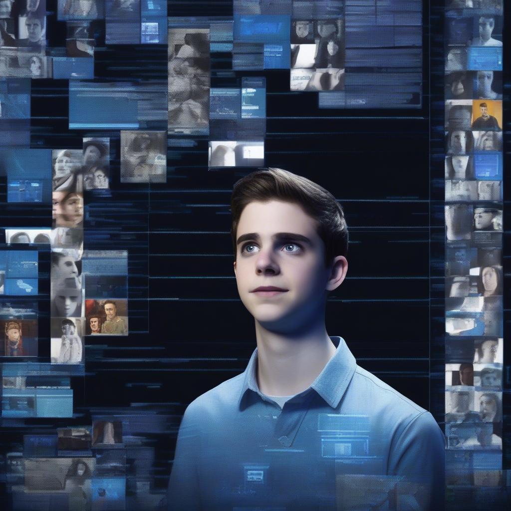 Dear Evan Hansen stage setting with the main character interacting with social media projections.