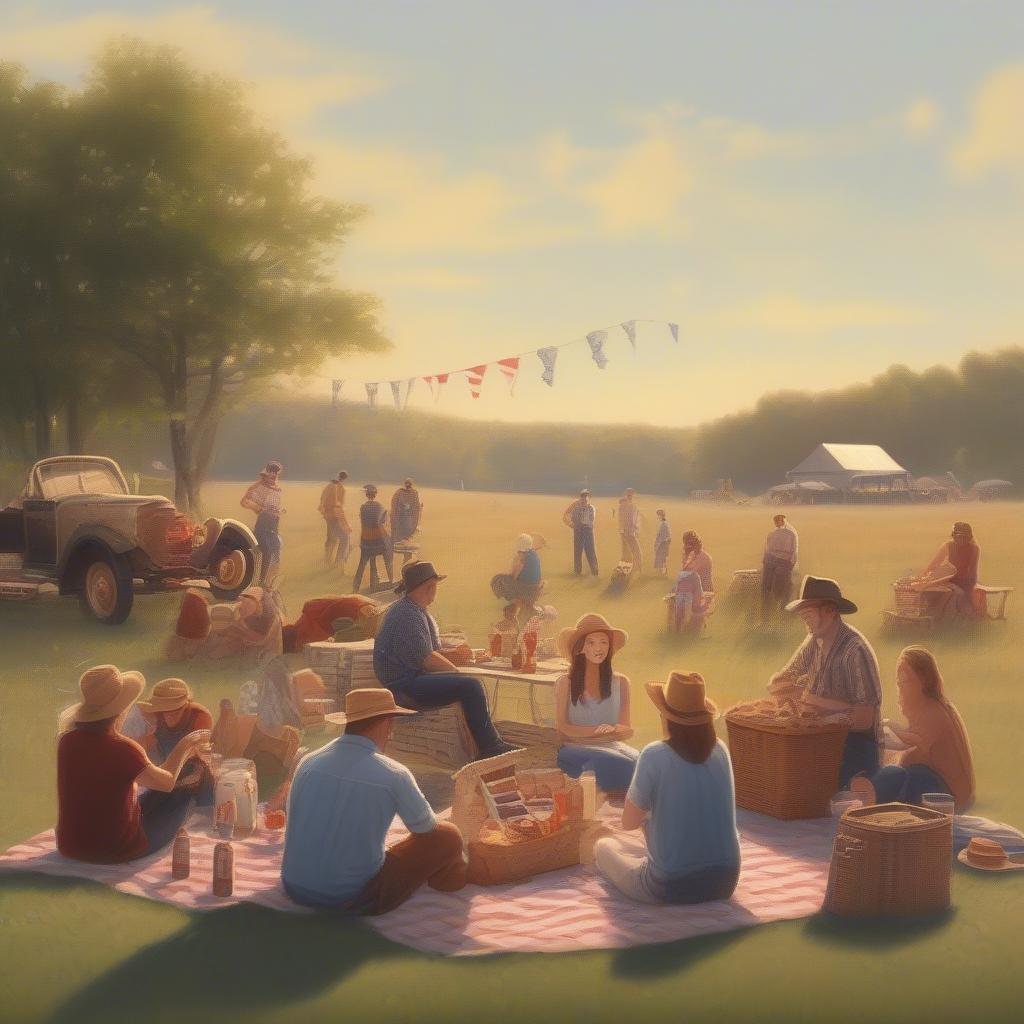 Country Labor Day Classics - Image depicting a relaxed outdoor scene with people enjoying a picnic and listening to country music.