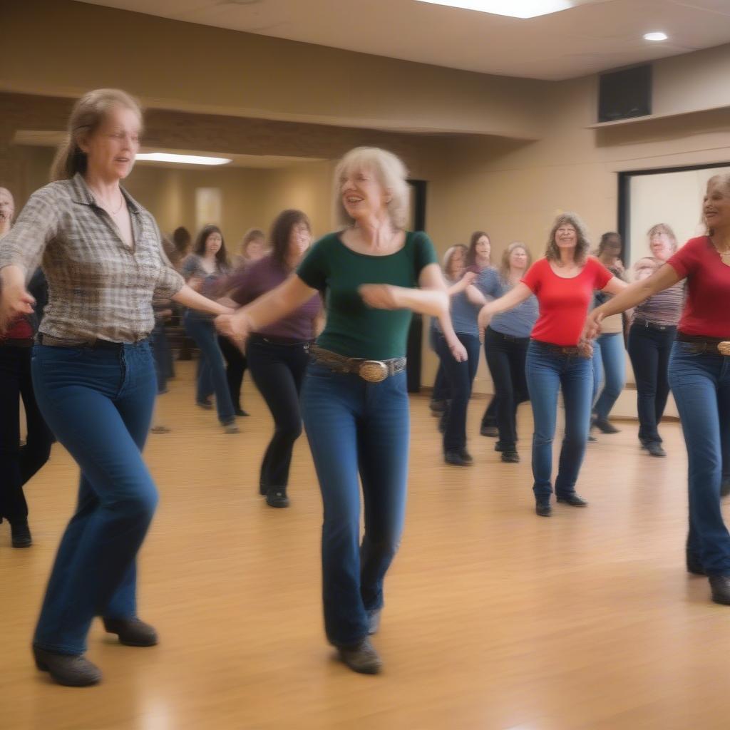 A line dance instructor demonstrating steps to a group of students in a dance studio.