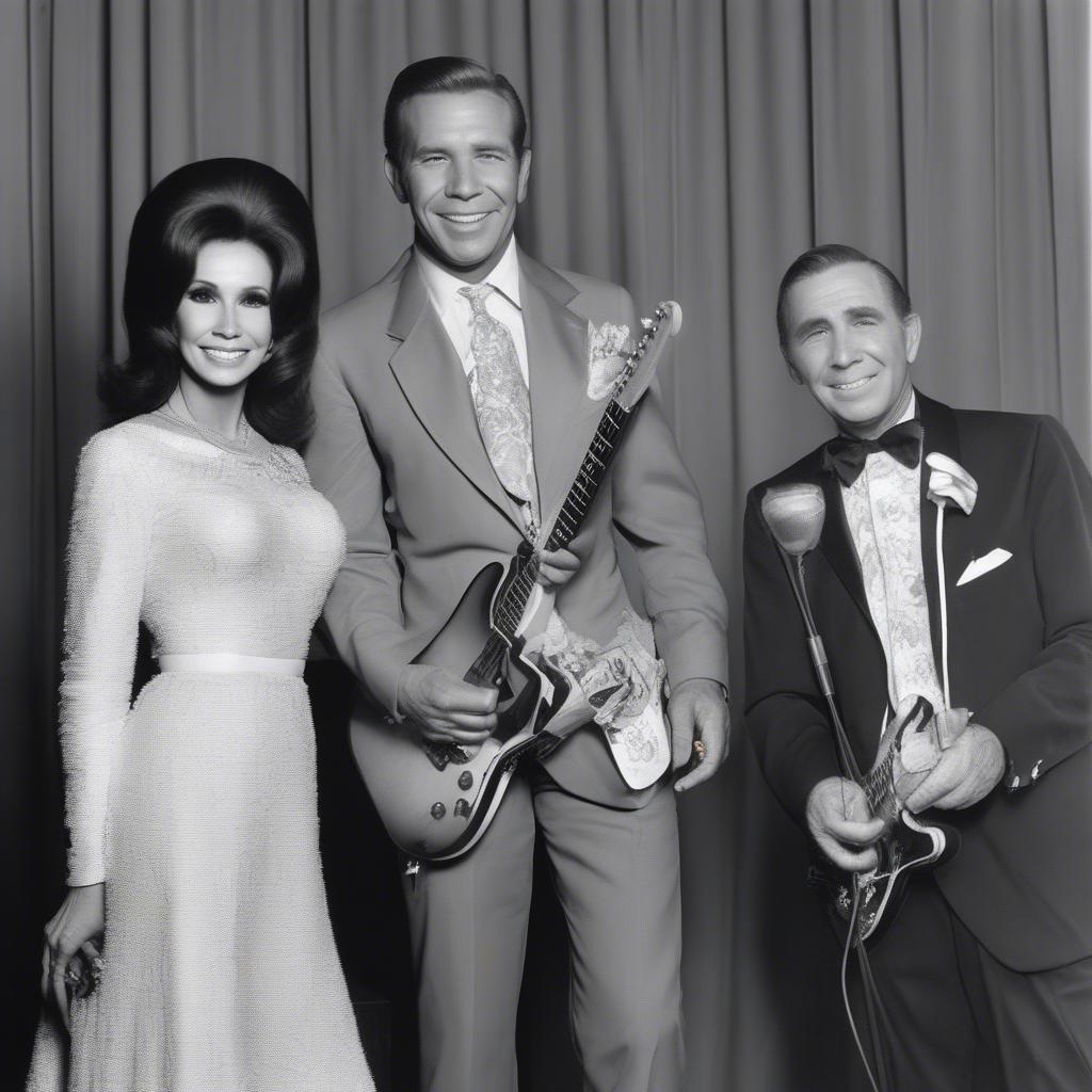 Country Music Legends of 1965:  Black and white photo of prominent country artists like Buck Owens, George Jones, and Loretta Lynn.