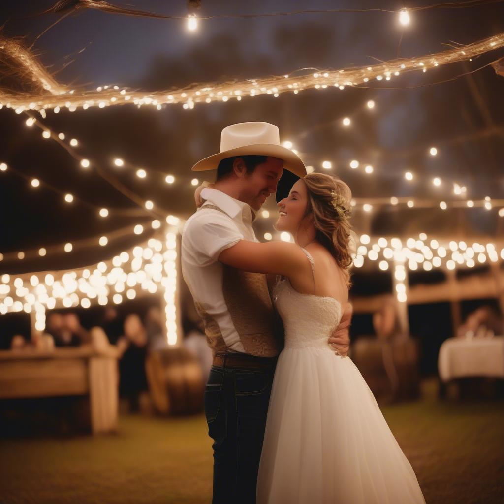 Bride and Groom Sharing Their First Dance at a Country-Themed Wedding Reception