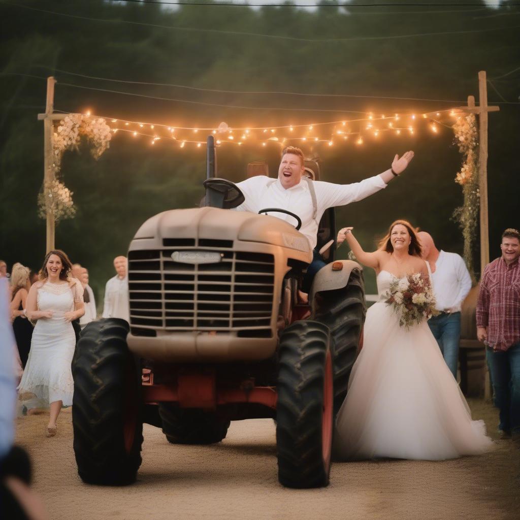 Country Wedding Exit: Couple Leaving Barn on Tractor