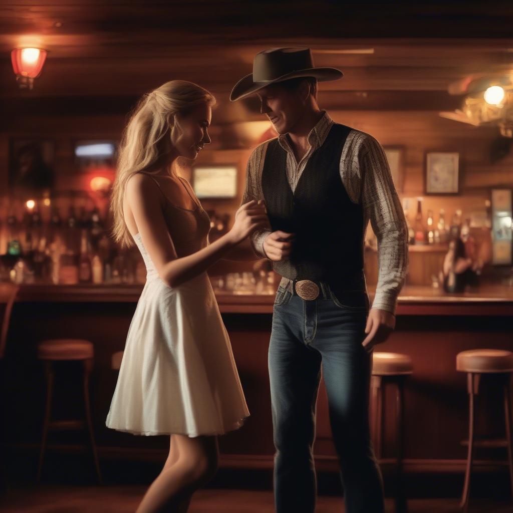 A couple two-stepping in a dimly lit country bar.