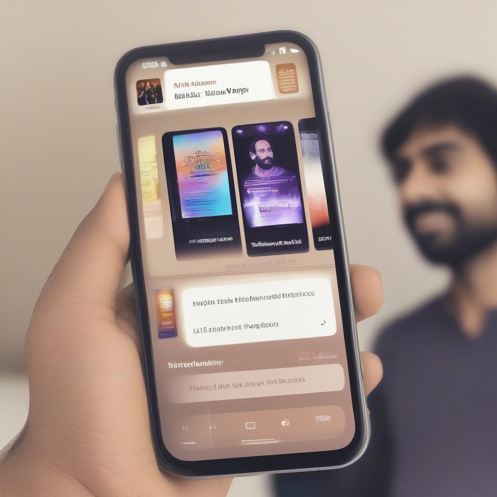 A person using a music app on their phone to create a playlist of Babbu Maan's top songs, with the app interface displaying the album art and song titles.