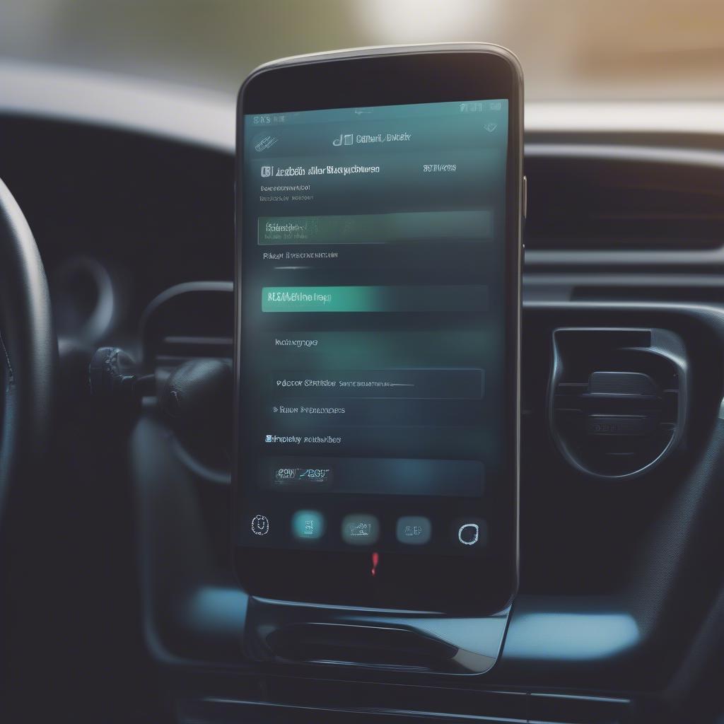 Smartphone with a music app open, overlaid on a car dashboard