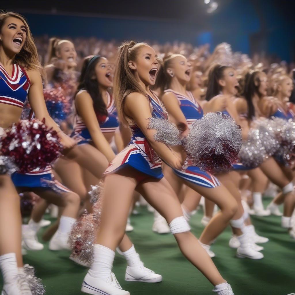 A large crowd enthusiastically cheering at a cheerleading competition, holding up banners and signs.