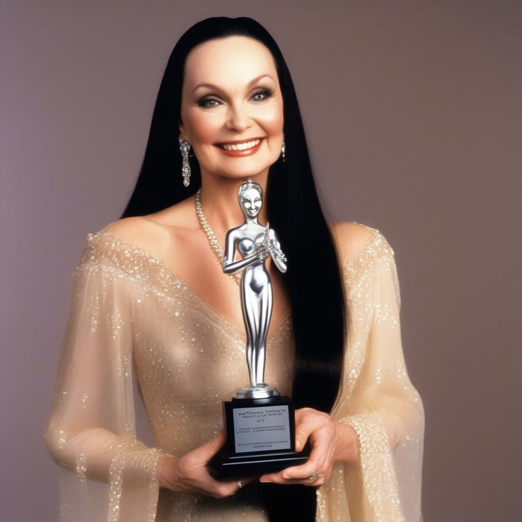 Crystal Gayle receiving a music award on stage, dressed elegantly and smiling warmly.