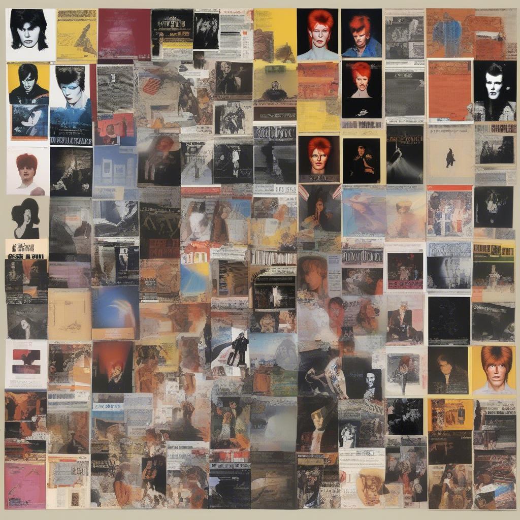 A collage of David Bowie album covers, showcasing the diversity of his musical styles throughout his career, including Heroes and Low.