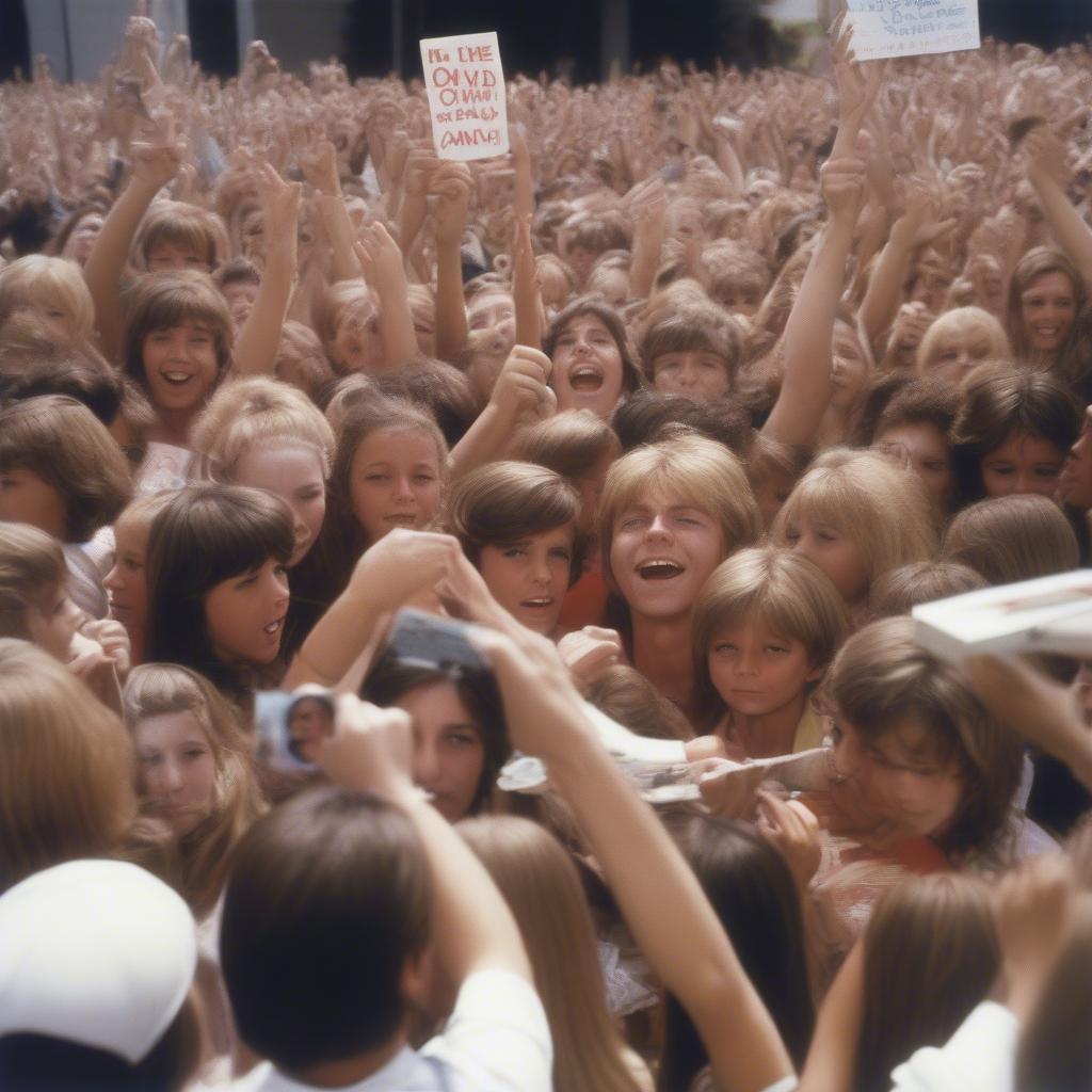 A crowd of enthusiastic David Cassidy fans, mainly teenagers, screaming and holding up signs at a concert in the 70s