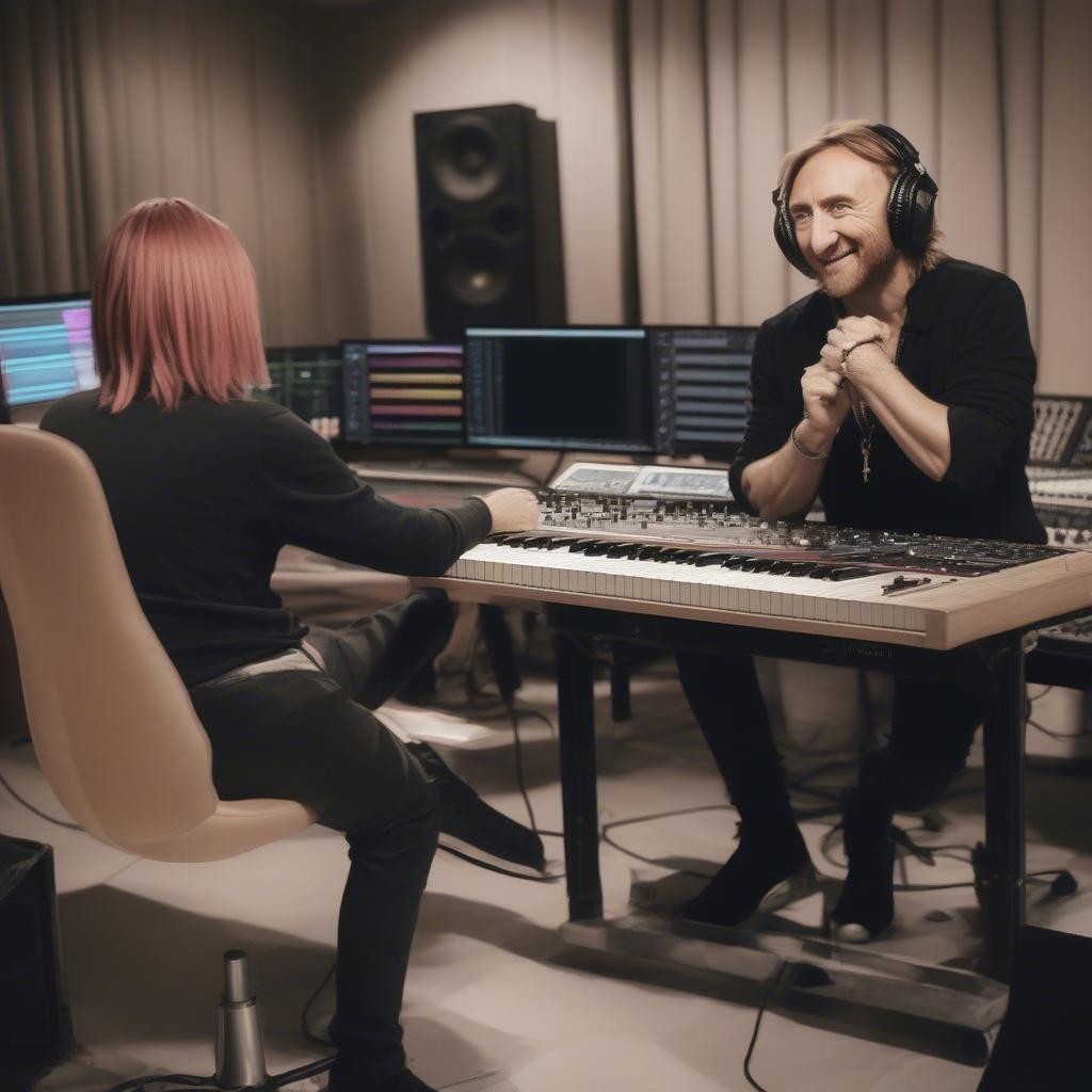 David Guetta collaborating with Sia, Anne-Marie, and other artists in the studio during the creation of his 2018 hits.