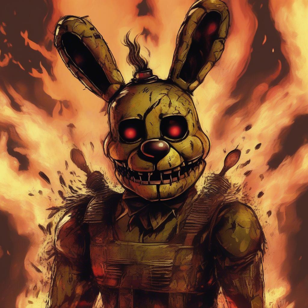 A fiery depiction of Springtrap, a key antagonist in Five Nights at Freddy's.