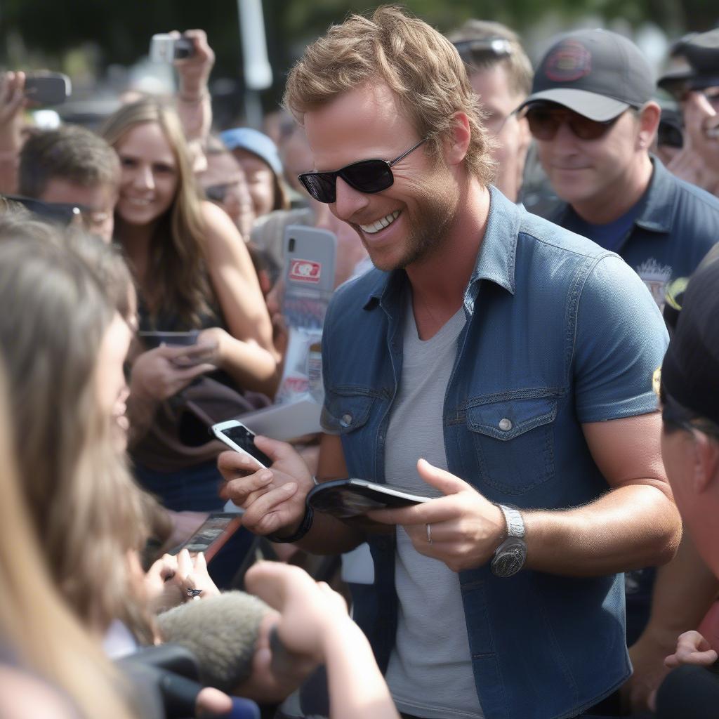 Dierks Bentley interacting with fans, signing autographs, or taking photos, showcasing his connection with his fanbase.