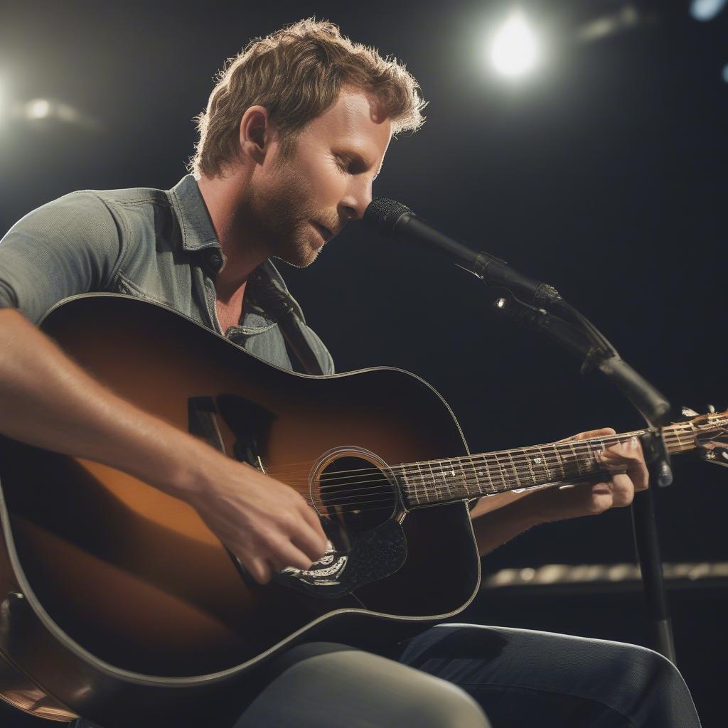 Dierks Bentley playing an acoustic guitar, possibly in a studio or intimate setting, showcasing his musicianship.