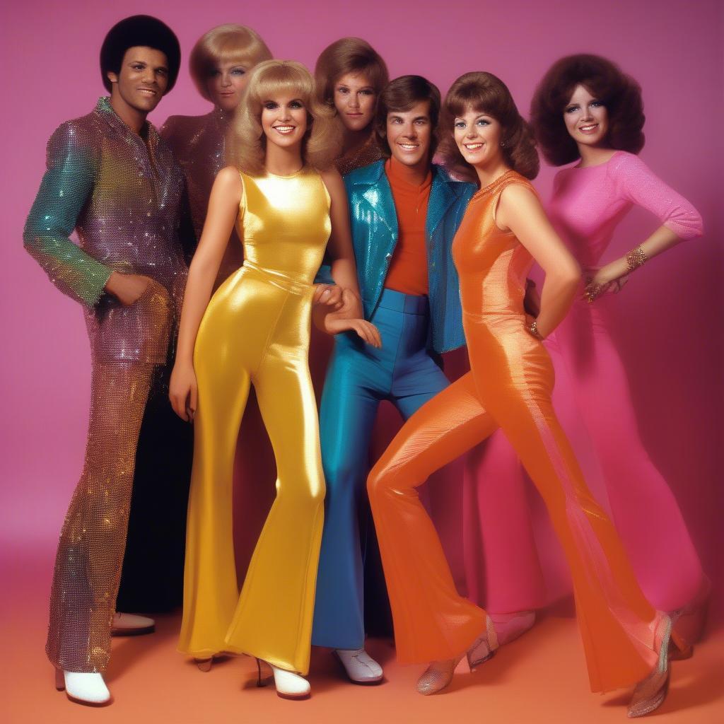 Disco Fashion in the 70s: A group of people dressed in iconic 70s disco attire, showcasing platform shoes, flared pants, and shimmering fabrics.