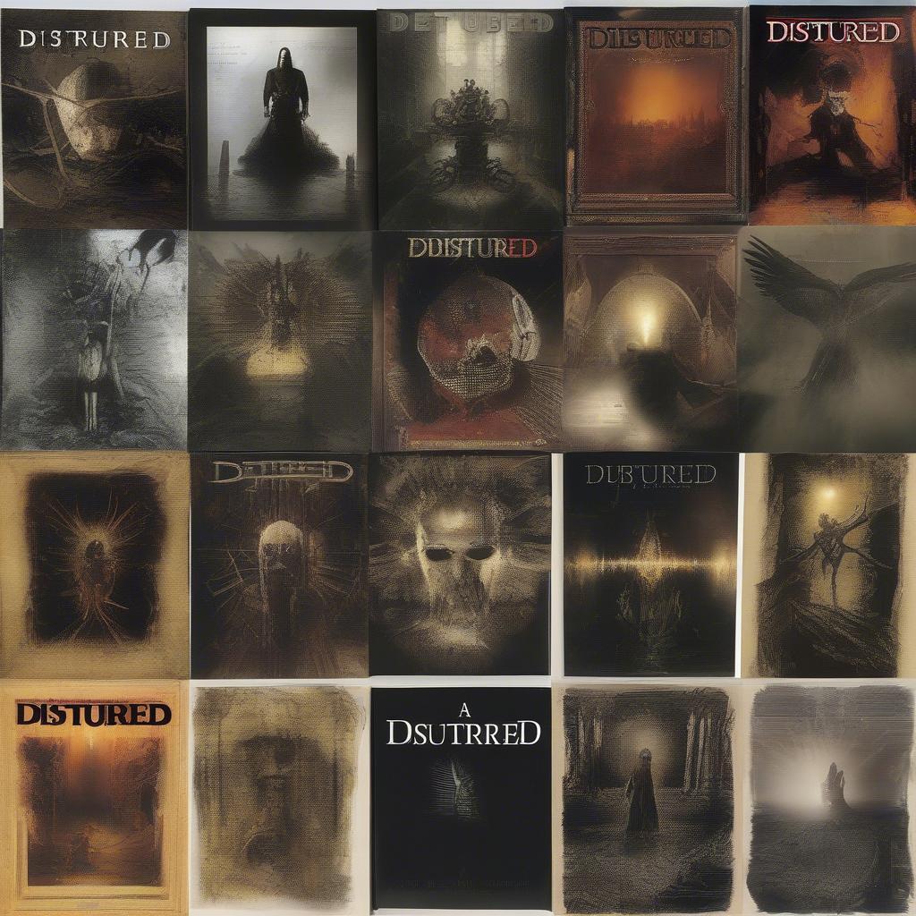 Various album covers of Disturbed displayed together