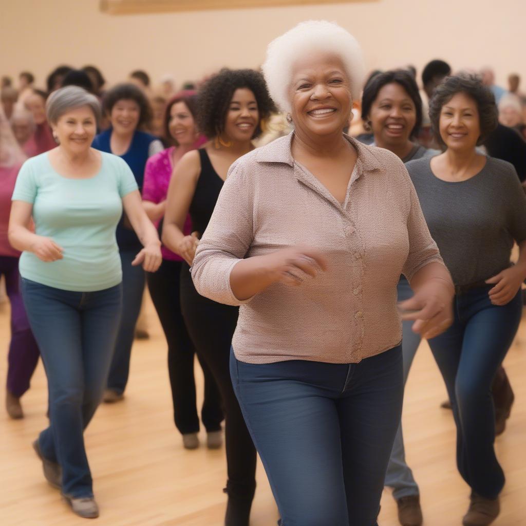 People of different ages and backgrounds line dancing together