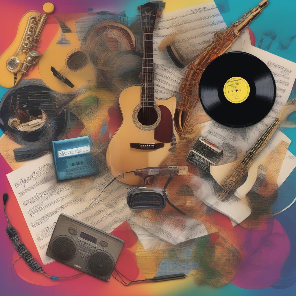 Diverse Music Genres Celebrated on 88.1 Radio: A collage showcasing different musical instruments and styles, representing the diverse genres played on 88.1 radio stations.