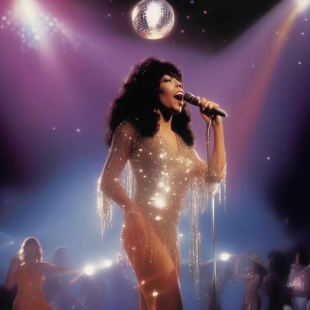 Donna Summer's "Last Dance" under the Disco Ball: A spotlight shines on Donna Summer as she performs "Last Dance," with a giant, glittering disco ball reflecting light across the scene.