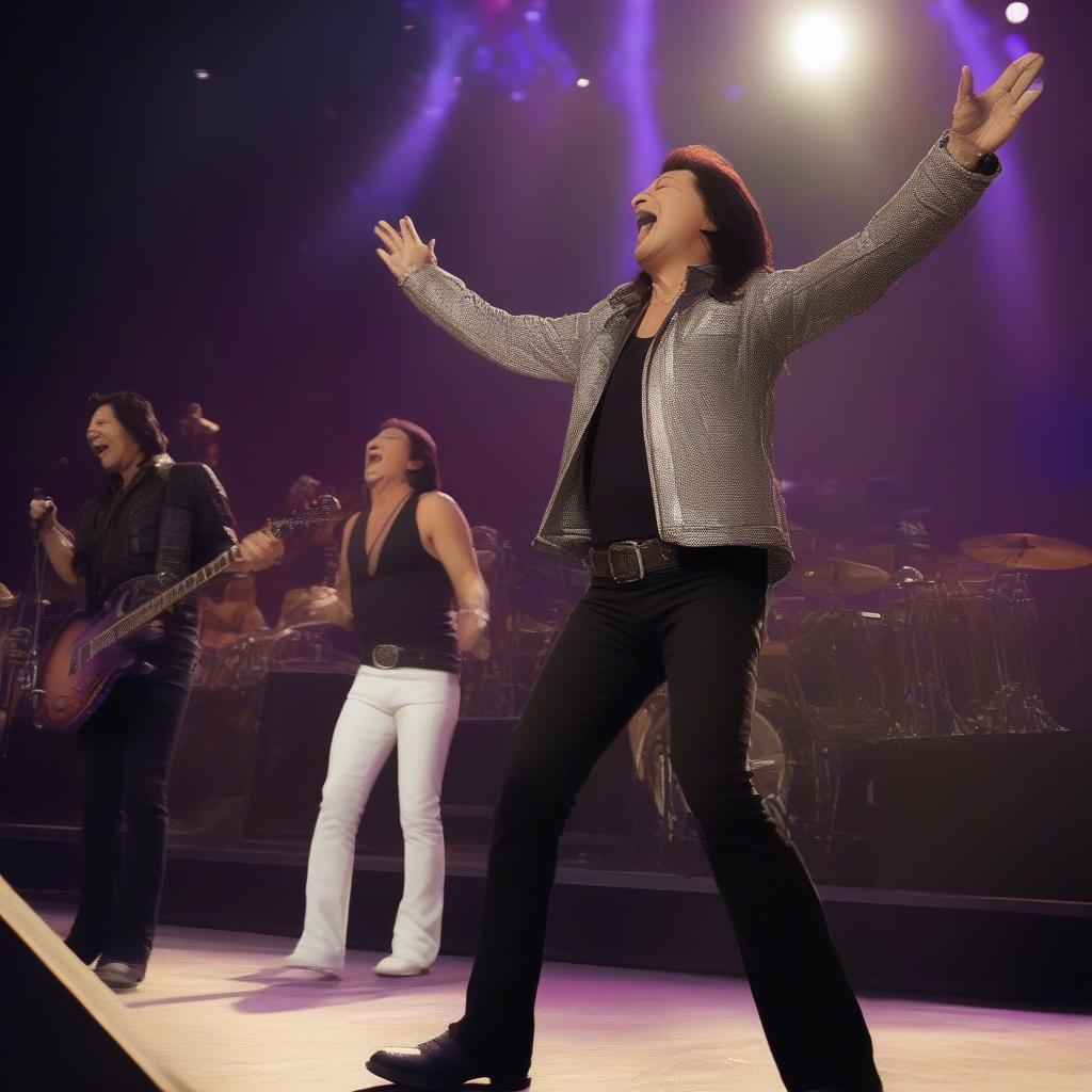 Journey performing "Don't Stop Believin'" live in concert, with a large, enthusiastic crowd.