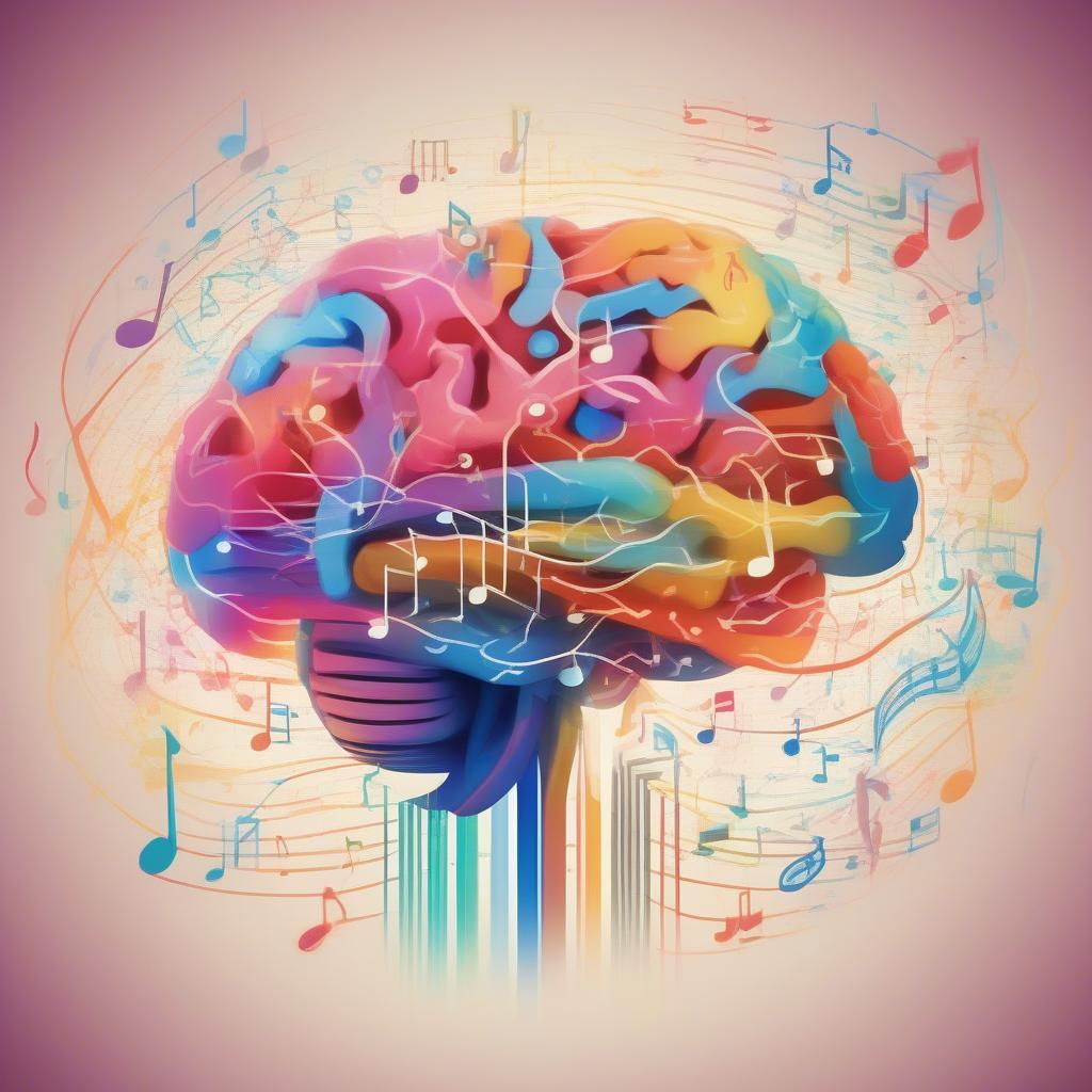 Brain with highlighted dopamine pathways while music notes flow around it.