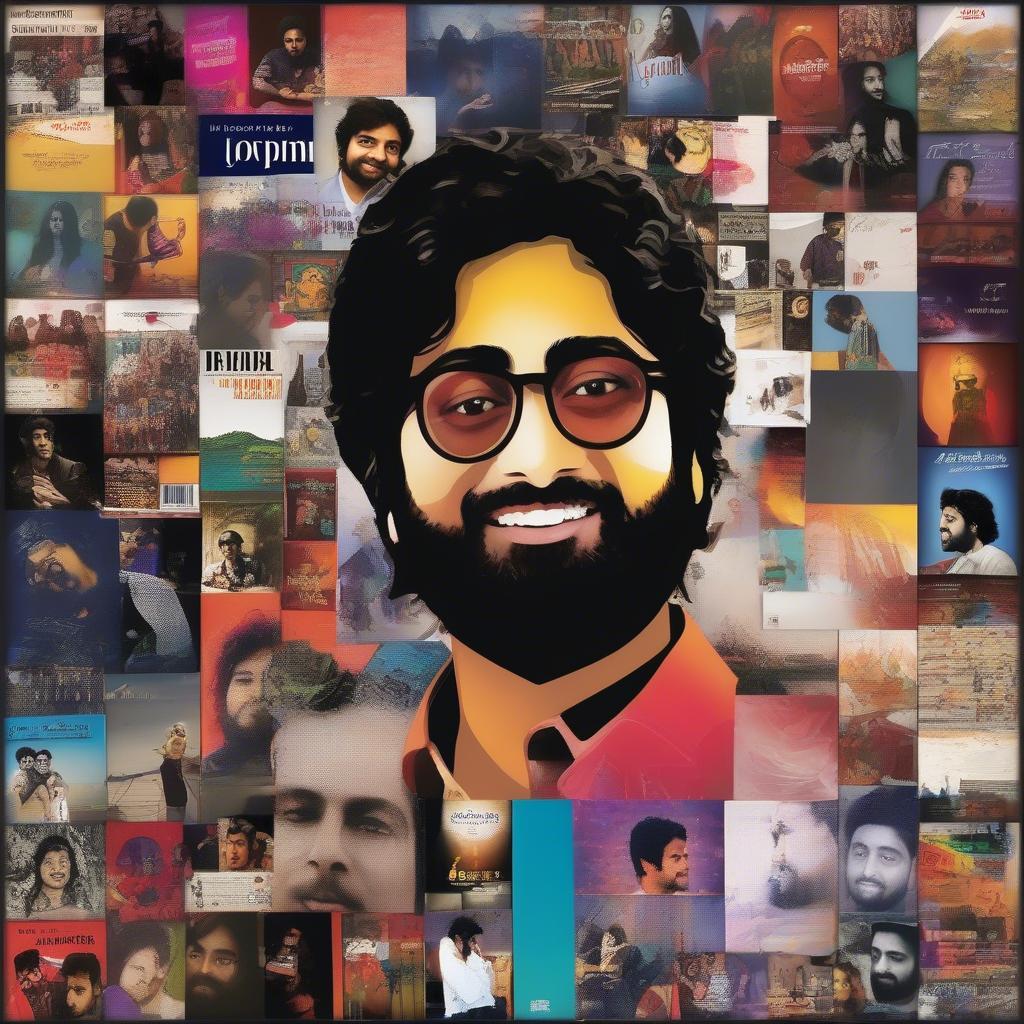 A collage of album covers featuring Arijit Singh's top hits, with various colors and designs representing different genres and moods.